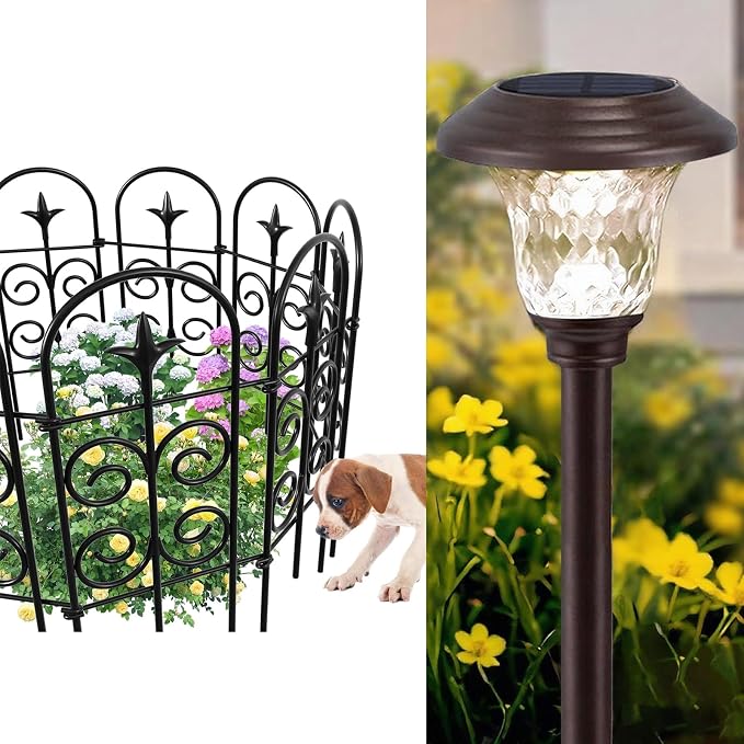 8 Panels 32in(H)×10ft(L) Decorative Garden Fence+8 Pack Solar Pathway Lights