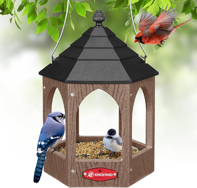 Kingsyard Platform Bird Feeder for Outdoor Hanging - Gazebo Style Recycled Plastic Wild Bird Feeding Station with Rain-Proof Roof & Metal Mesh Tray. Brown