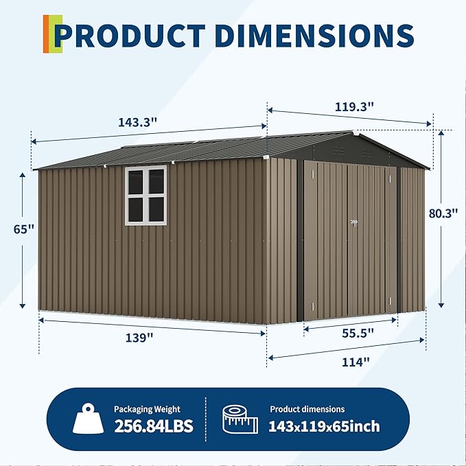 Garvee 10X12 FT Storage Shed with Cross Windows & Lockable Door，Large Outdoor Metal Shed，Peaked Roof Garden Shed for Lawn Mower, Bike, Tools - All Weather Secure Storage