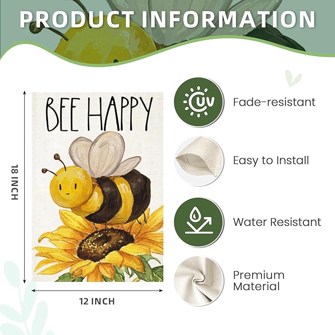 BEE HAPPY Garden Flags for Outside, Summer Watercolor Bee with Sunflower Yard Decoration, Small Seasonal Outdoor Decor for Farmhouse Holiday,12x18 Inch Double Sided