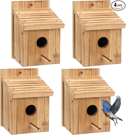 4 Pack Bluebird Houses for Outside,Premium Bird House,Thicken Wooden Bird Nesting Box Kits for Yard Decor,Easy to Assemble