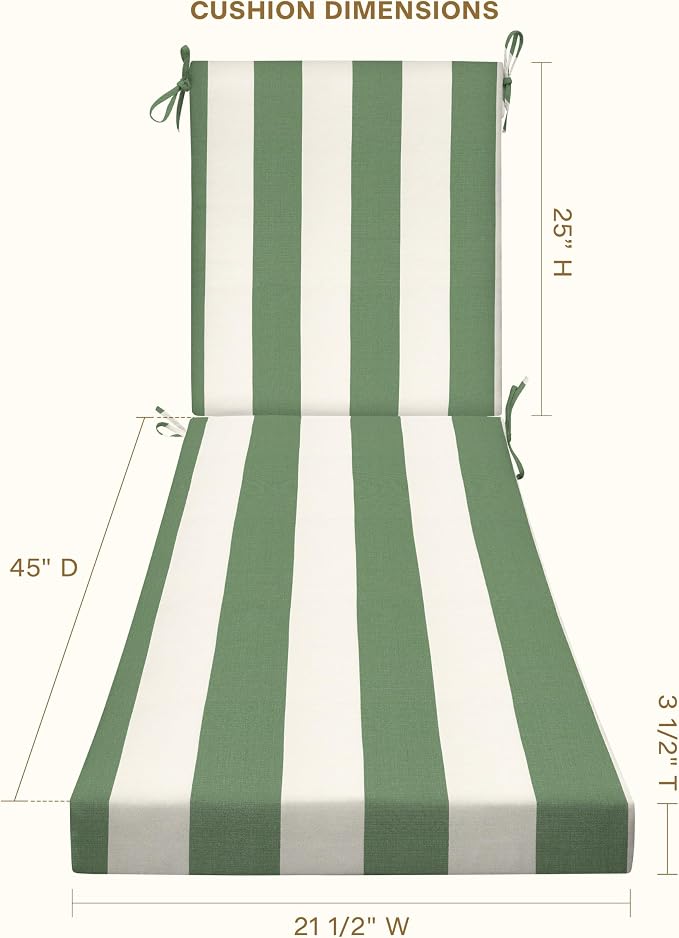 Honeycomb Outdoor Chaise Lounge Cushion for Patio Furniture, Water & Fade Resistant, Removable Cover, 21.5 x 70, Heritage Cabana Stripe Green & Cream
