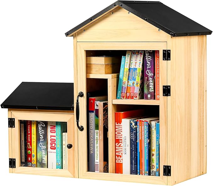 Outdoor Library Book Box, Solid Wood Free Library with Large & Small Compartments, Waterproof Coating & Metal Joint Trim, Adjustable Storage, Easy Install Community Book, Literature, Newspaper Sharing