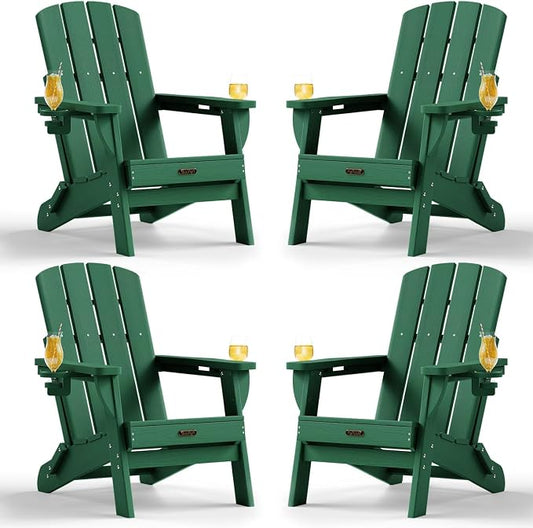 Folding Adirondack Chair Set of 4, HDPE Adirondack Chairs with 2 Cup Holder, Plastic All-Weather Fire Pit Chairs, Outdoor Lawn Chair for Patio Garden (Green)