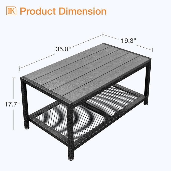 ODK Outdoor Coffee Table with Double-Layer Storage, Rectangle Weather-Resistant Patio Coffee Table for Garden, Balcony, Hot Tub, Poolside, Heavy-Duty Metal Frame, Grey