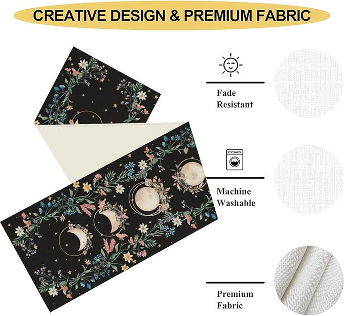 Boho Floral Table Runner, Spring Gothic Wild Flower Moon Phase Seasonal Bohemian Black Rustic Coffee Table Center Decor for Family Holiday Party Kitchen Outdoor Farmhouse Table Decorations, 13"x108"
