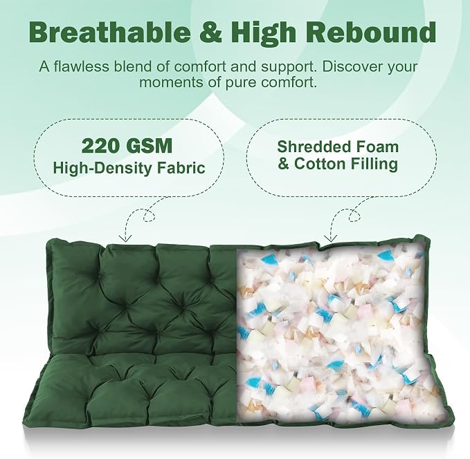 Porch Swing Cushions, 47x40 Inch Swing Cushions for Outdoor Furniture, Waterproof 2-3 Seater Patio Seat Cushion with Backrest, Replacement Bench Cushion for Glider, Settee, Forest Green