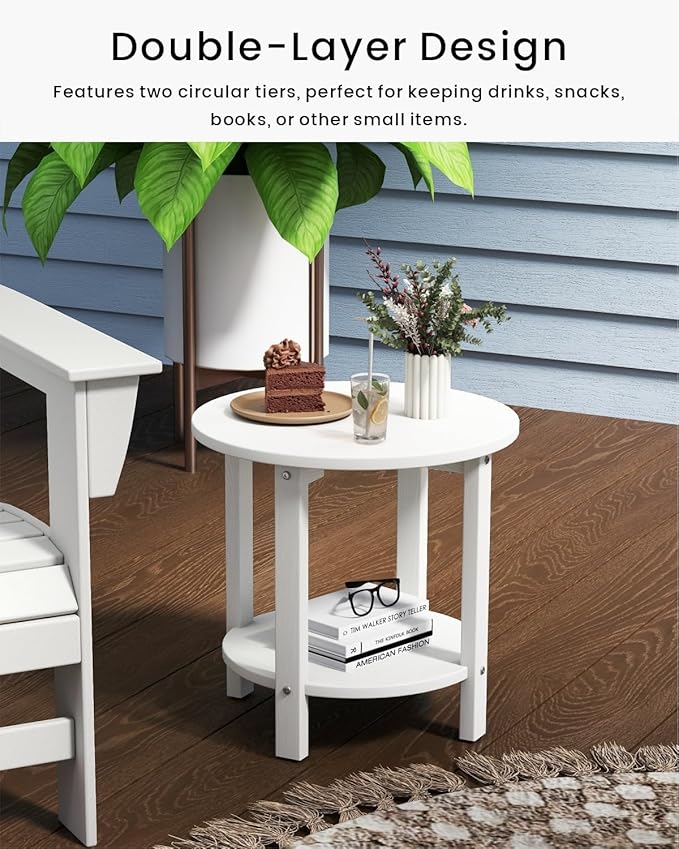HDPE Outdoor Side Table for Patio, 18.1-Inch Weatherproof Small Outdoor Table for Adirondack, 2-Tier Round End Table for Garden Backyard Porch Deck Balcony Poolside (White)