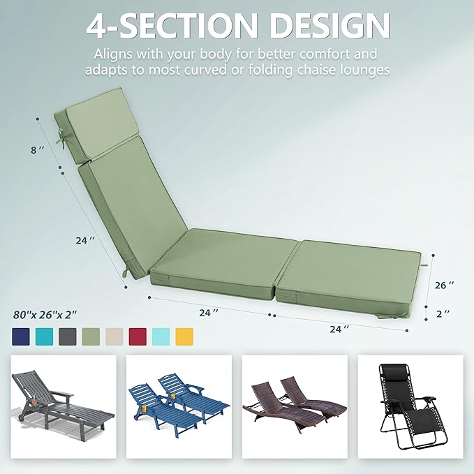 80 x 26 Inch Outdoor Chaise Lounge Cushions Set of 4 - Removable Cover, 4-Section Design, Water-Repellent & Fade-Resistant, 6 Tie Straps, Replacement for Patio & Pool Chairs - Sage Green
