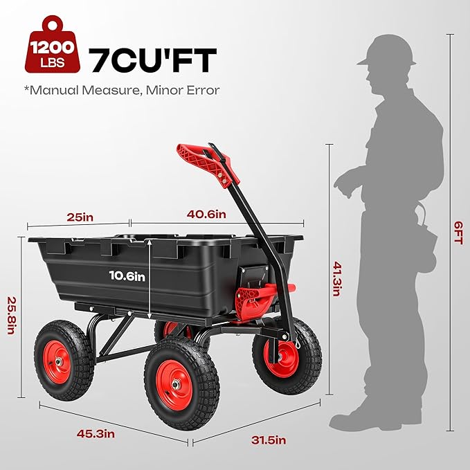 1200lbs Garden Dump Cart,7 Cu.Ft Utility Wagon Cart with Hitch,Heavy Duty Yard Dump Wagon Wheelbarrows with 13" All Terrain Wheels & 2-in-1 Handle,Tow Behind for Lawn Mower Tractor ATV