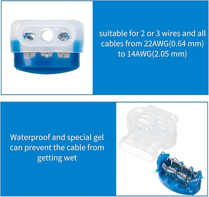 TOODOO 180 Pieces 3 Way Wire Connectors Locks Electrical IDC 314-box Wire Self-Stripping Pigtail Connectors for 22-14 AWG Cables Robotic Lawn Mowers Irrigation Application