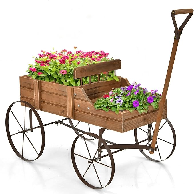 DORTALA Wood Wagon Planter, Outdoor Garden Flower Planter Cart with Wheels, Small Decorative Wood Raised Bed Plant Pot Box Stand for Backyard, Patio, Balcony, Natural