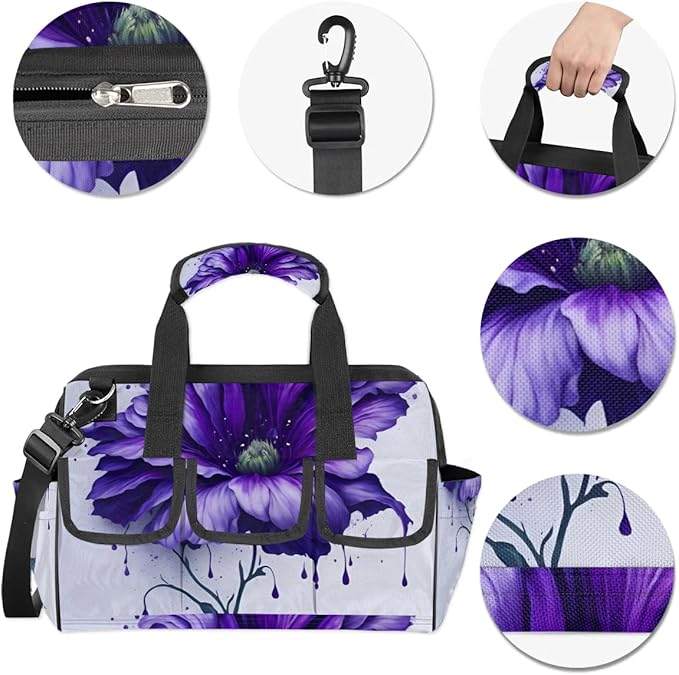 15 Inch Tool Bag 14-Pockets Tool Box Organizer for Men Big Floral Purple Tool Tote Bag Waterproof Toolbox with Shoulder Strap Heavy Duty Garden Tool Organizer for Mechanic