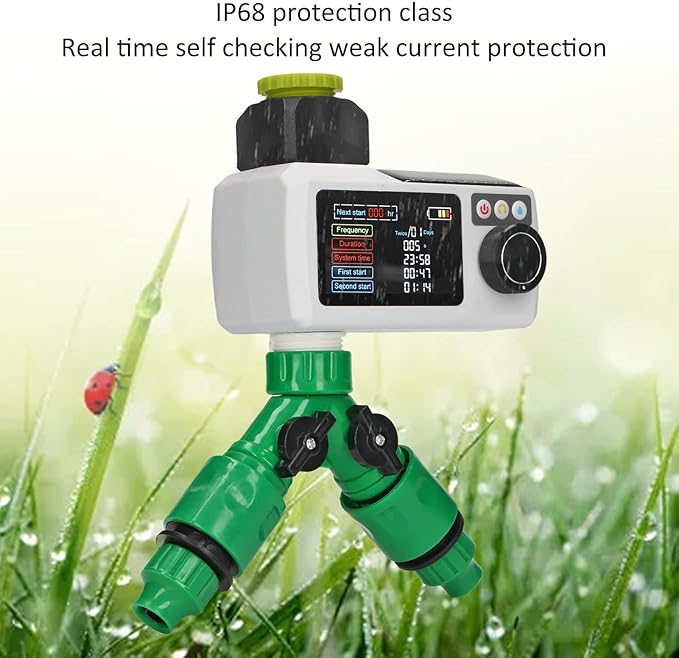 Solar Irrigation Timer, Rain Detection Solar Powered Digital Watering Timer Double Connector IP68 Automatic Watering System for Lawn Garden Courtyard Greenhouse