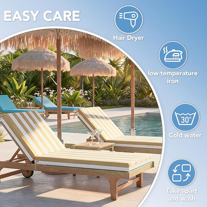 L'AGRATY Outdoor Lounge Chaise Cushion: 72x21x3 Inch Waterproof Lounge Chair Cushion for Outdoor Furniture with Fade Resistant Removable Cover - Patio Cushions for Pool Lawn Deck(Khaki White 1Pack)