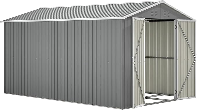 YOPTO 8x12 FT Large Outdoor Storage Shed with Lockable Doors & Floor Base,Weather-Resistant Metal Tool Shed for Garden, Backyard,Patio,Lawn,Gray