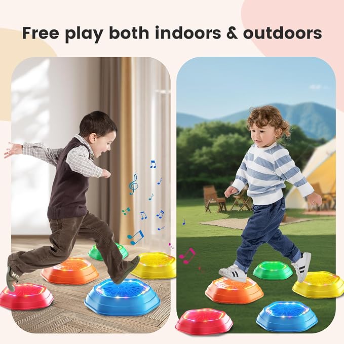 Holyton Light Up Musical Stepping Stones for Kids, 5 Pack Sensory Balance Stepping Stones with Rechargeable Batteries, Non-Slip Toddler Stepping Stones for Ages 3-8, Indoor Outdoor Active Play Toy, Red