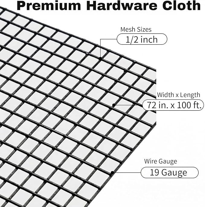 Black Hardware Cloth 1/2 in. x 6 ft. x 100 ft. 19-Gauge, Vinyl Coated Chicken Wire Mesh Roll, Welded Wire Fencing, Garden Fencing, Wire Fence Roll