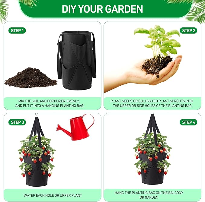 SATINIOR 10 Pack Upside Down Strawberry Planter Set Hanging Vegetables Grow Bags with 10 S Hooks, 3 Gallon Fabric Planting Bags for Easy Vertical Gardening(Black)