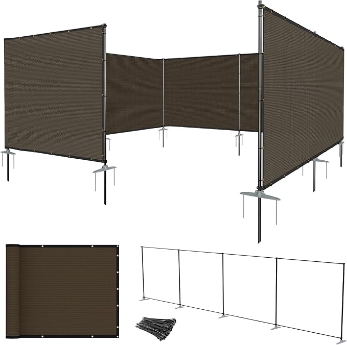 E&K 5'x50' Outdoor Privacy Screen Fence Panel Freestanding Backyard Patio Privacy Pool Fencing Temporary Garden Dog Fence with Iron Poles and Rails (Brown)