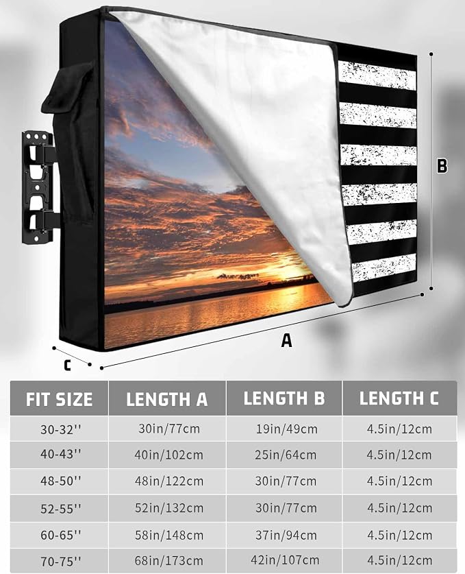 Black American Flag Outdoor TV Cover - 70-75 Inch Weatherproof, Black White Star Striped Outdoor TV Enclosure with Zipper & Roll Up Front Flap