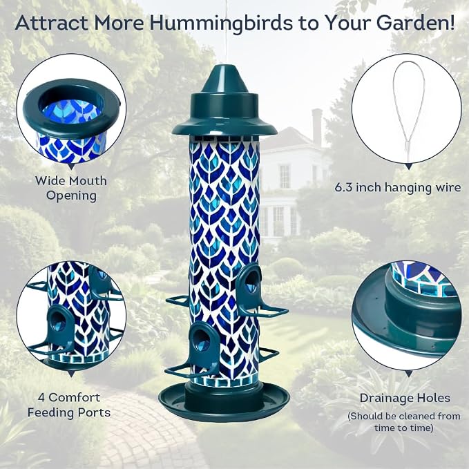 Lily's Home Blue Mosaic Tube Bird Feeder - Attracts Small Birds - 4 Feeding Ports, 3 or 4 Cups Capacity & 6'' Hanging Wire - Tube Bird Feeders for Outdoors Garden - Easy Refill - Twist-Off Cap