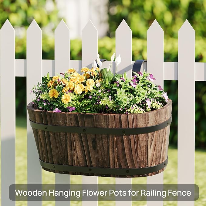 2pcs Railing Planter Boxes Wood Hanging Flower Pots for Railing Fence Outdoor Balcony Planters for Wall Window Flower Box Hanging Bucket Pots Countryside Plant Holder (Carbonized,2pcs,Large)