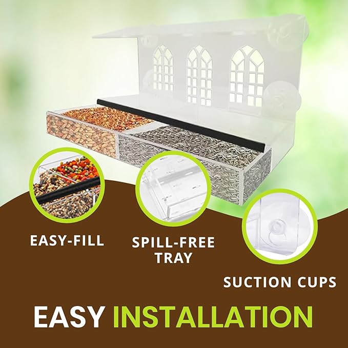 Nature Gear Acrylic Clear Window Bird Feeder with Strong Suction Cups, Removable Sliding Seed Tray, Weather-Resistant & Easy to Clean for Window Viewing, Bird Palace