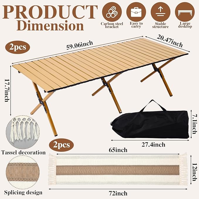 Novabright 20 Pcs Boho Picnic Kit Folding Picnic Table 59'' x 20.5'' Extra Large Outdoor Boho Blanket 91'' x 71'' Beige White Table Runner 12 Pillow Cover Woven Cotton Oversize Washable for Wedding