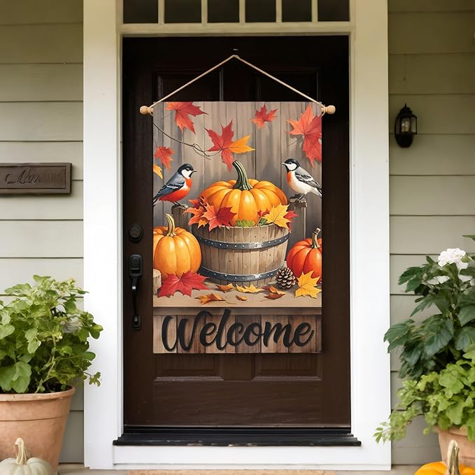 Fall Pumpkin Bird House Flag 28x40 Inch Welcome Autumn Watercolor Maple Leaf Harvest Theme Thanksgiving Decorative Yard Flags for Outside Double Sided Outdoor Home Farmhouse Decoration Porch Decor