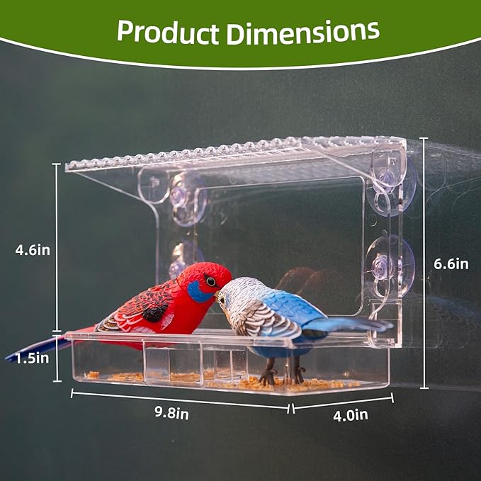 Window Bird Feeder with Strong Suction Cups – Flat-Tile Roof Acrylic Bird Feeder for Outdoors, Clear Viewing Box for Wild Birds & Cats, Easy-to-Clean, Large Capacity, Transparent Birdhouse Feeder