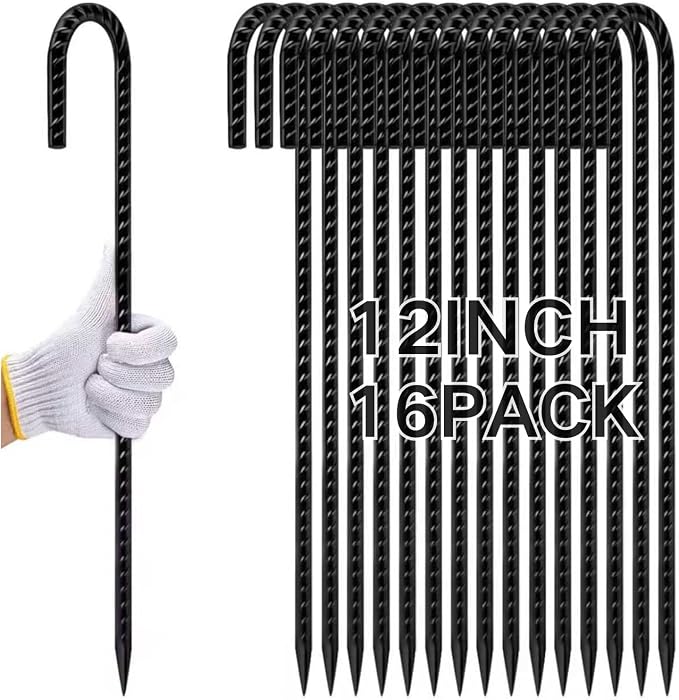 Rebar Stakes 12 Inch 16-Pack, Premium Black Coated J Hook Heavy Duty Ground Stakes for Chain Link Fence, Camping Tents, Inflatables, Outdoor Decoration