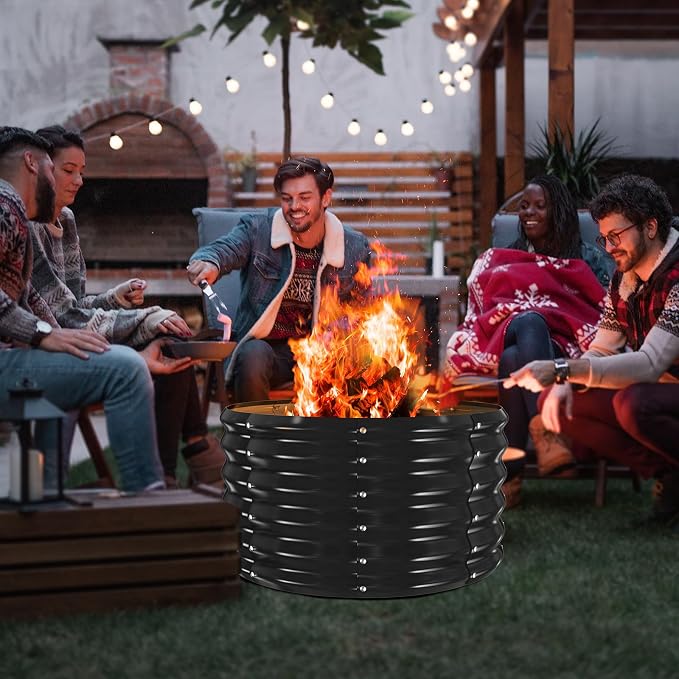 YSEJOMP 32 Inch Round Galvanized Fire Pit Ring/Fire Ring - Foldable and Perfect for Outdoor Gatherings and Campfires in The Yard/Garden/Park/Beach (Black+Gray, 2.7 FT Diameter+1.5 FT Tall)