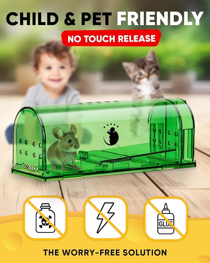 Motel Mouse Humane Mouse Traps No Kill Live Catch and Release 4 Pack - Reusable, Easy to Use & Clean, No Touch Release, Sensitive Includes Cleaning Brush, Instruction Manual & Video - Mousetrap Indoor