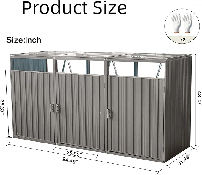 82.7 Cu.Ft Outdoor Trash Can Storage Shed, Metal Trash Can Storage Bin with Spring Chain Lid for Garbage Storage, Waterproof Storage Shed Stores for 3 Trash Cans, Garden Tools, Gray