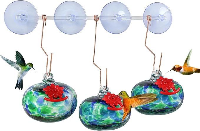 QFkris Set of 3 Blown Glass Hummingbird Feeder with Suction Cups for Window, Small Hummingbird Feeder with Flower Feeding Ports for Outside Garden Backyard Decor, Gifts for Women Mom(Green)