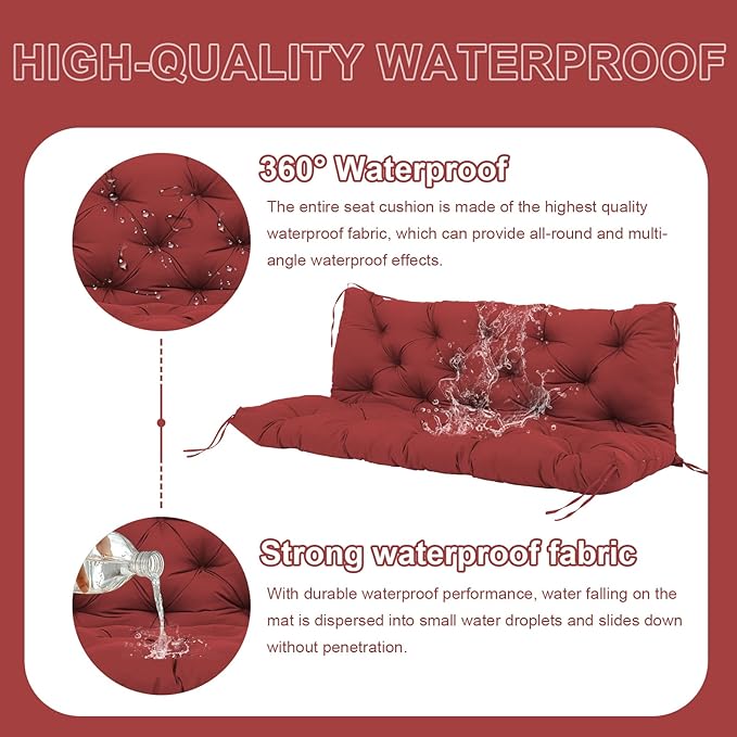 Premium 5" Thick Waterproof Outdoor Swing Cushions Sturdy Durable 2-3 Seat Replacement Porch Swing Cushions with Backrest&Ties Bench Cushion for Outdoor Furniture Backyard Patio(Wine Red)