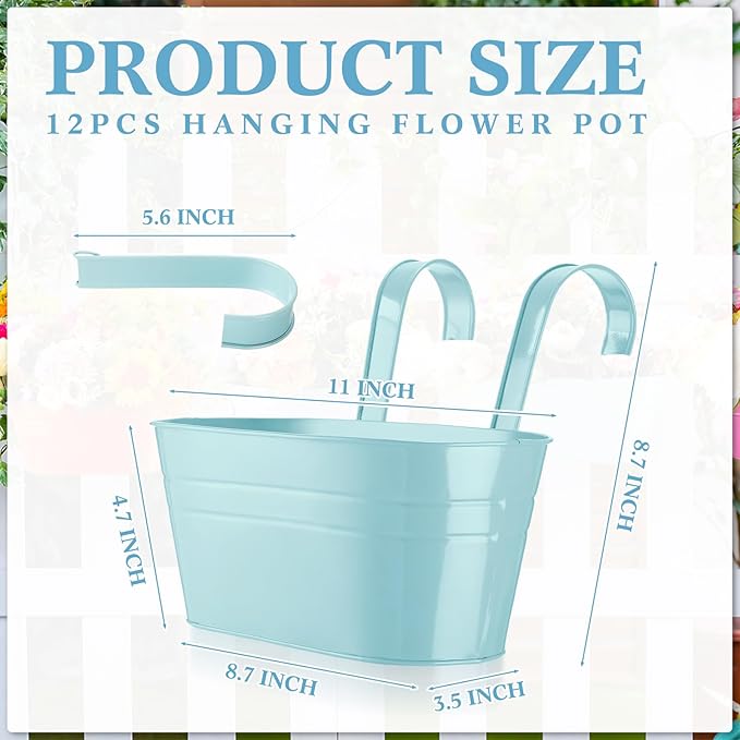 Hushee 12 Pcs Metal Railing Planters with Drainage Holes, Hanging Flower Pots with Detachable Hooks, Pastel Color Iron Fence Bucket Planters for Balcony, Porch, Garden, Deck Outdoor Decor