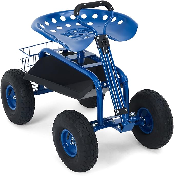 Garden Cart Rolling Workseat with Wheels, 360° Swivel Gardening Stool, Extendable Steering Handle & Utility Tool Tray, 10-Inch Inflatable Tires, Reinforced Steel Construction for Patio, Yard, Outdoor