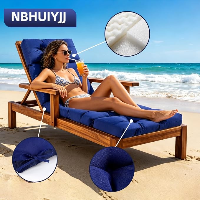 Patio Chaise Lounge Cushions, 70.5"x21"x4" Waterproof Replacement Beach Pool Lawn Outdoor Lounge Chair Cushion, Non-Slip Bottom & Secure Ties for Outdoor Furniture，Dakr Blue, 1Count