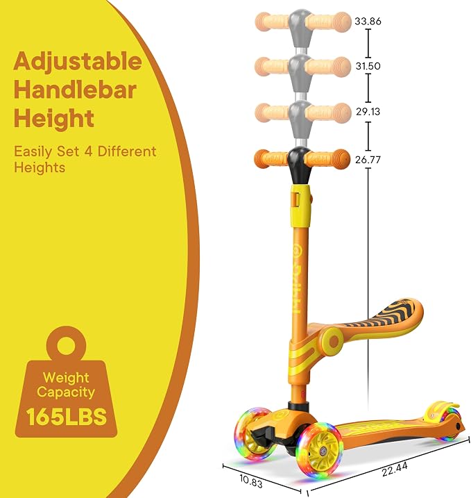 Orange 3 Wheel Scooter with Seat for Kids, Light-Up Wheels, Adjustable Lean to Steer Handlebar and Seat, Smooth Wheels, Wide No-Slip Deck, Rear Foot Brake, Toddler Outdoor Toys for Ages 2+