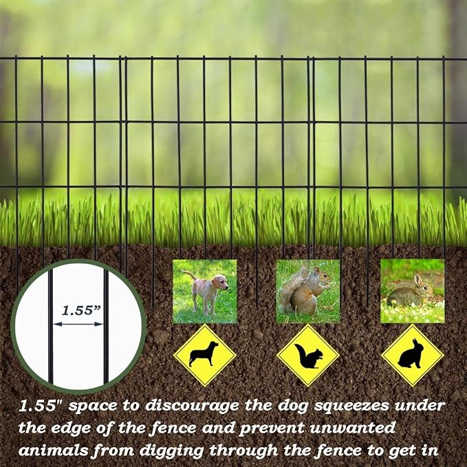 Black Animal Barrier Fence 16.5 in (H) X 10.4 ft (L) with 1.55 Inch Spike Spacing, Anti Digging Garden Under Fence Dog Barrier