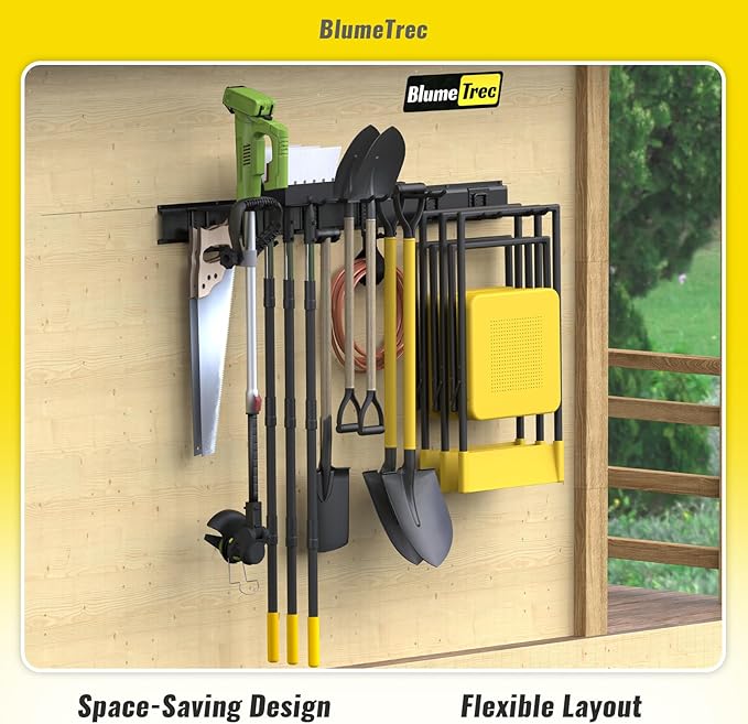 Garage Tool Organizer Wall Mount, 96" Heavy-Duty Metal Wall Organizer, 6 Rails with 12 Adjustable Hooks, Garden Storage Rack for Organization, Sturdy Tool Hanging Holder for Shovel Shed Yard