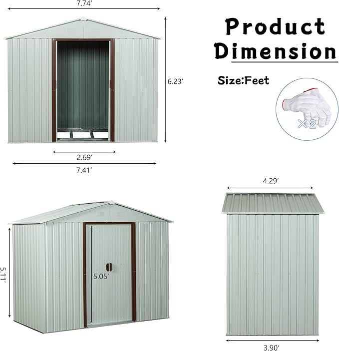 8x4 FT Outdoor Metal Storage Shed, Galvanized Steel Garden Shed with Window, Lockable Sliding Door, Sloped Roof, Ventilated Tool Storage House with Foundation Kit for Backyard Lawn Equipment, White