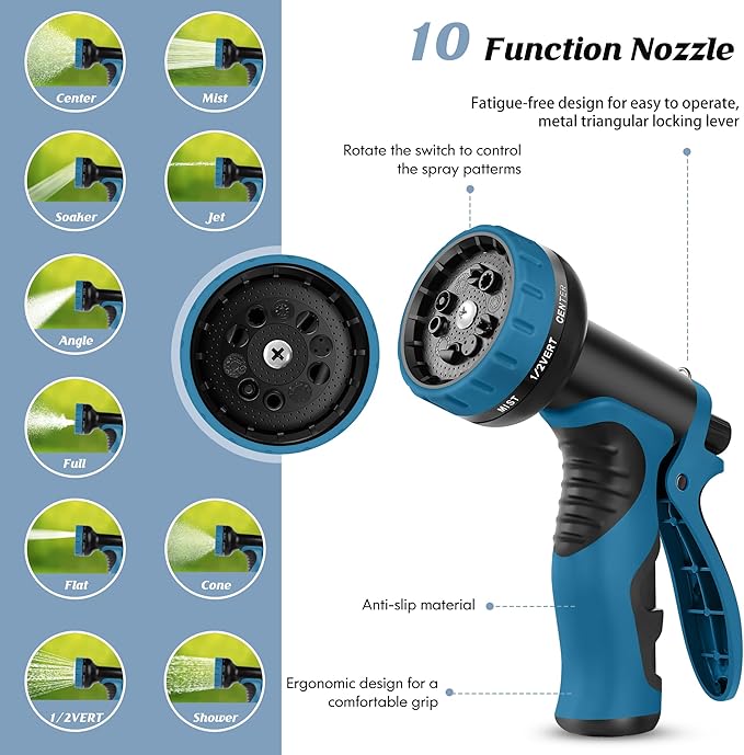Garden Hose 100FT with 10 Function Nozzle, Water Hose with Leak-proof Connectors No-Kink Lightweight Puncture-proof Pet-proof Sturdy Hose for Outdoor Yard（Light Silver）
