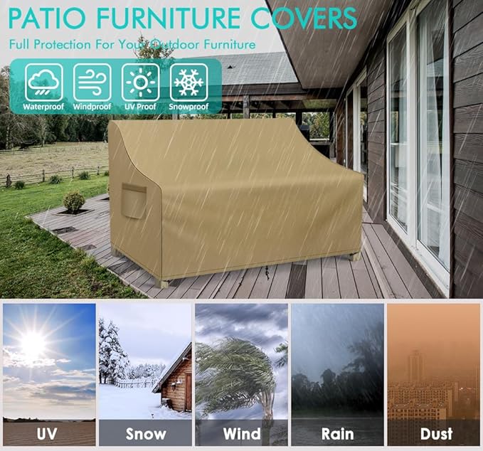 WLEAFJ Patio Sofa Cover Waterproof, Outdoor Loveseat Cover, Heavy Duty Deep Lounge Loveseat Cover, Large Lawn Patio Furniture Covers with Air Vent, 70’’ W x 38’’ D x 31’’ H, Khaki