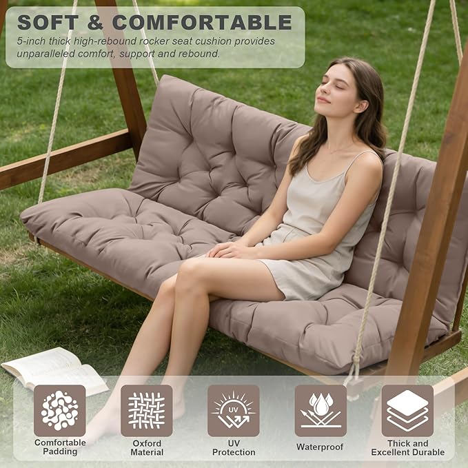 Porch Swing Cushions,Outdoor Cushions 3 Seater Replacement with Backrest, Waterproof Thickened Bench Cushion with Ties for Porch, Patio,Outdoor, Backyard and Garden (Khaki 40 * 40 in)