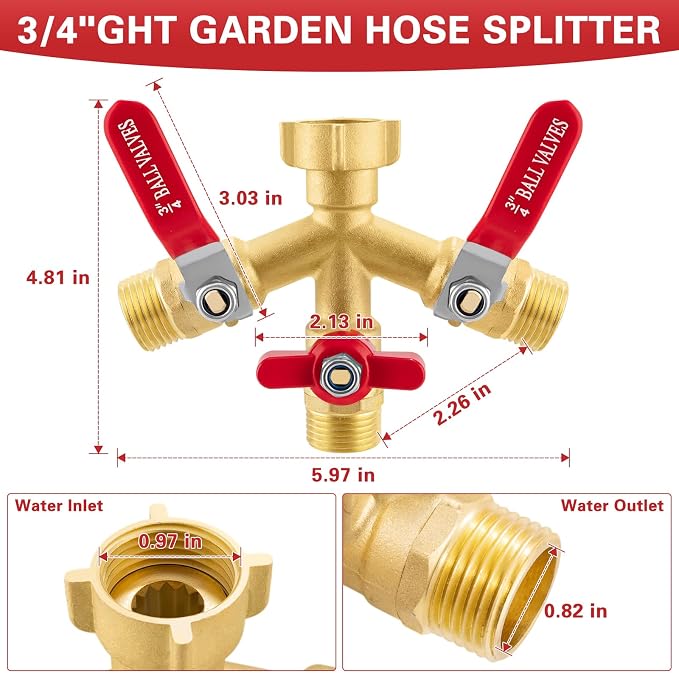 High Flow 3 Way Hose Splitter, Heavy Duty Brass Garden Hose Splitter,Water Hose Spigot Splitter with Easy-Grip Metal Handles, 3/4" GHT Thread Garden Hose Bib Splitter