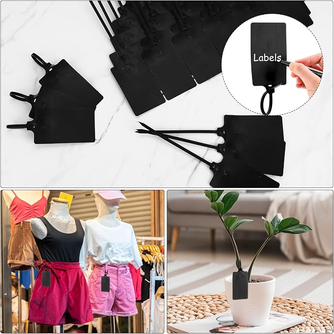 Chunful 500 Pcs Blank Plastic Tags Shipping Tags 3.94"x 2.36" Waterproof Sealing Shipping Labels Bulk Writable Hanging Tag Ties Sealing Strap Reusable Mark Labels for Keys Luggage Logistic(Black)