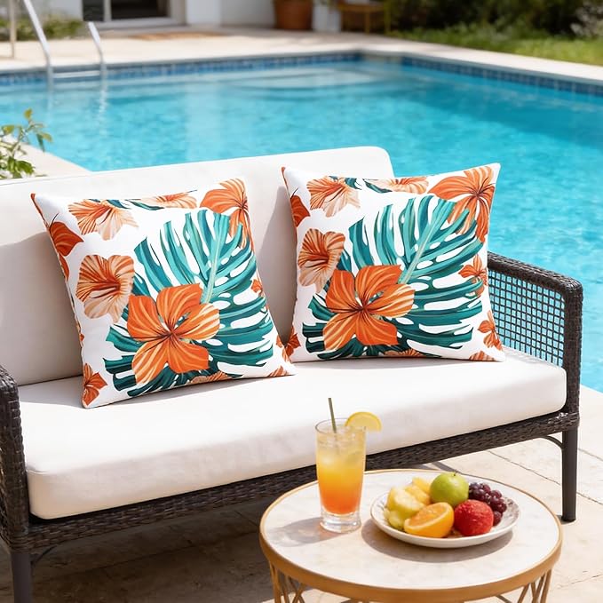 SquarePie Pack of 2 Outdoor Pillow Covers, Waterproof Decorative Throw Pillowcase Shell, Garden Cushion Shams Cases for Spring Patio Couch Balcony Bench,18x18 inch Palm Leaf Orange Flowers